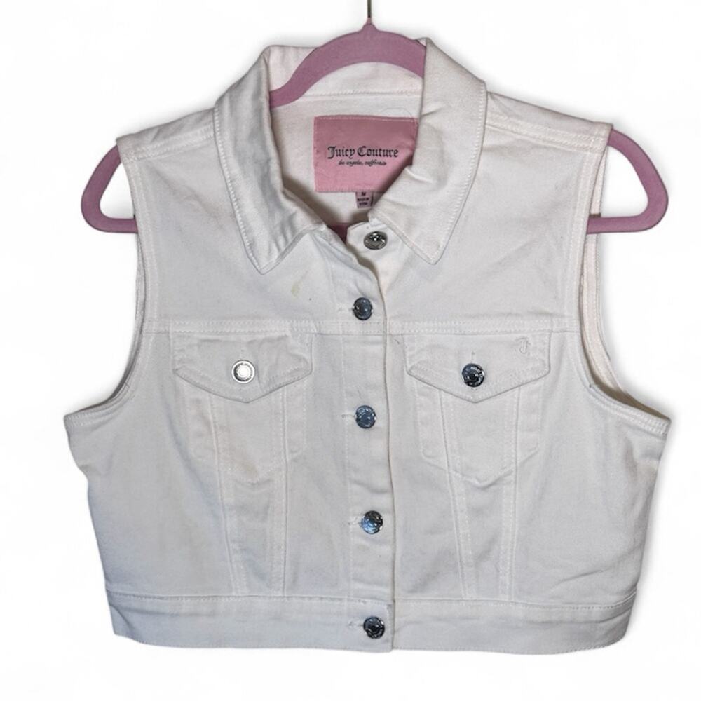 Juicy Couture White Denim Jacket Vest Womens M Bedazzled Rhinestone Y2K Cropped